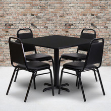 36'' Square Black Laminate Table Set with X-Base and 4 Black Trapezoidal Back Banquet Chairs [FLF-HDBF1009-GG]