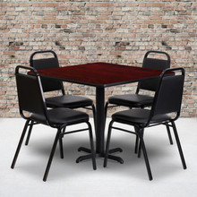 36'' Square Mahogany Laminate Table Set with X-Base and 4 Black Trapezoidal Back Banquet Chairs [FLF-HDBF1010-GG]