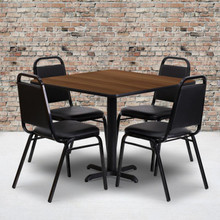 36'' Square Walnut Laminate Table Set with X-Base and 4 Black Trapezoidal Back Banquet Chairs [FLF-HDBF1012-GG]