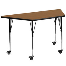 Wren Mobile 29''W x 57''L Trapezoid Oak Thermal Laminate Activity Table - Standard Height Adjustable Legs [FLF-XU-A2960-TRAP-OAK-T-A-CAS-GG]