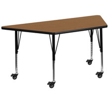 Wren Mobile 29''W x 57''L Trapezoid Oak Thermal Laminate Activity Table - Height Adjustable Short Legs [FLF-XU-A2960-TRAP-OAK-T-P-CAS-GG]