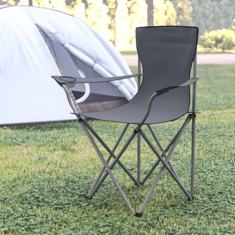 Quad Folding Camping and Sports Chair with Armrest Cupholder - Portable  Gray Indoor/Outdoor Fishing Chair with Extra Wide Carry Bag  [FLF-JJ-CC303-GY-GG] 