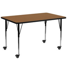 Wren Mobile 30''W x 72''L Rectangular Oak Thermal Laminate Activity Table - Standard Height Adjustable Legs [FLF-XU-A3072-REC-OAK-T-A-CAS-GG]