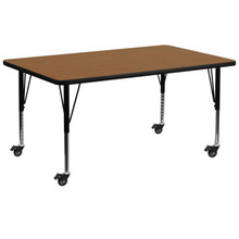 Wren Mobile 30''W x 72''L Rectangular Oak Thermal Laminate Activity Table - Height Adjustable Short Legs [FLF-XU-A3072-REC-OAK-T-P-CAS-GG]