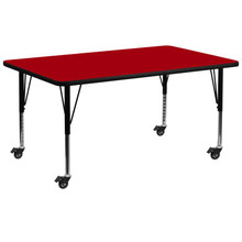 Wren Mobile 30''W x 72''L Rectangular Red Thermal Laminate Activity Table - Height Adjustable Short Legs [FLF-XU-A3072-REC-RED-T-P-CAS-GG]