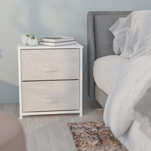 2 Drawer Wood Top White Nightstand Storage Organizer with Cast Iron Frame and Light Gray Easy Pull Fabric Drawers [FLF-WX-5L200-WH-GR-GG]