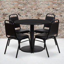 36'' Round Black Laminate Table Set with Round Base and 4 Black Trapezoidal Back Banquet Chairs [FLF-RSRB1001-GG]