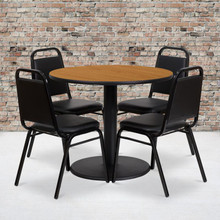 36'' Round Natural Laminate Table Set with Round Base and 4 Black Trapezoidal Back Banquet Chairs [FLF-RSRB1003-GG]