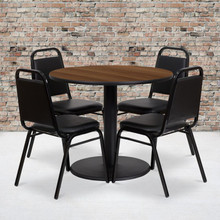 36'' Round Walnut Laminate Table Set with Round Base and 4 Black Trapezoidal Back Banquet Chairs [FLF-RSRB1004-GG]