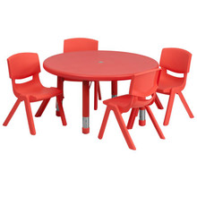 33'' Round Red Plastic Height Adjustable Activity Table Set with 4 Chairs [FLF-YU-YCX-0073-2-ROUND-TBL-RED-E-GG]