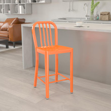 Gael Commercial Grade 24" High Orange Metal Indoor-Outdoor Counter Height Stool with Vertical Slat Back [FLF-CH-61200-24-OR-GG]
