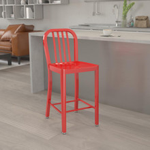 Gael Commercial Grade 24" High Red Metal Indoor-Outdoor Counter Height Stool with Vertical Slat Back [FLF-CH-61200-24-RED-GG]