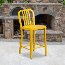 Gael Commercial Grade 24" High Yellow Metal Indoor-Outdoor Counter Height Stool with Vertical Slat Back [FLF-CH-61200-24-YL-GG]