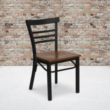 HERCULES Series Black Three-Slat Ladder Back Metal Restaurant Chair - Cherry Wood Seat [FLF-XU-DG6Q6B1LAD-CHYW-GG]