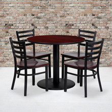 36'' Round Mahogany Laminate Table Set with 4 Ladder Back Metal Chairs - Mahogany Wood Seat [FLF-MD-0004-GG]