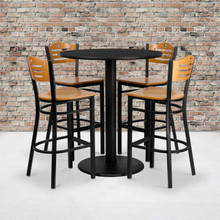 36'' Round Black Laminate Table Set with 4 Wood Slat Back Metal Barstools - Natural Wood Seat [FLF-MD-0020-GG]