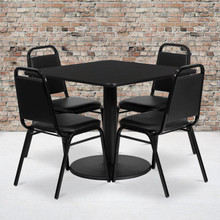 36'' Square Black Laminate Table Set with Round Base and 4 Black Trapezoidal Back Banquet Chairs [FLF-RSRB1009-GG]