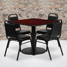 36'' Square Mahogany Laminate Table Set with Round Base and 4 Black Trapezoidal Back Banquet Chairs [FLF-RSRB1010-GG]