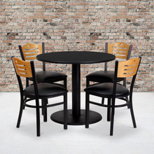 36'' Round Black Laminate Table Set with 4 Wood Slat Back Metal Chairs - Black Vinyl Seat [FLF-MD-0009-GG]