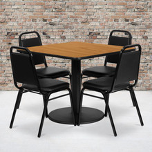 36'' Square Natural Laminate Table Set with Round Base and 4 Black Trapezoidal Back Banquet Chairs [FLF-RSRB1011-GG]