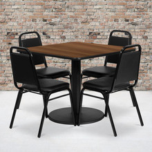 36'' Square Walnut Laminate Table Set with Round Base and 4 Black Trapezoidal Back Banquet Chairs [FLF-RSRB1012-GG]