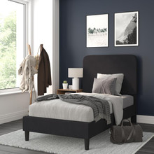Addison Charcoal Twin Fabric Upholstered Platform Bed - Headboard with Rounded Edges - No Box Spring or Foundation Needed [FLF-HG-3WPB21-T01-T-BK-GG]