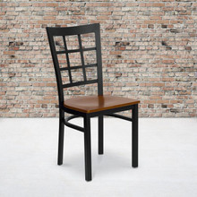 HERCULES Series Black Window Back Metal Restaurant Chair - Cherry Wood Seat [FLF-XU-DG6Q3BWIN-CHYW-GG]
