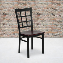 HERCULES Series Black Window Back Metal Restaurant Chair - Mahogany Wood Seat [FLF-XU-DG6Q3BWIN-MAHW-GG]