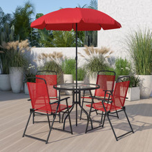 Nantucket 6 Piece Red Patio Garden Set with Umbrella Table and Set of 4 Folding Chairs [FLF-GM-202012-RD-GG]