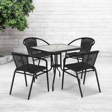 Lila 28'' Square Glass Metal Table with Black Rattan Edging and 4 Black Rattan Stack Chairs [FLF-TLH-073SQ-037BK4-GG]