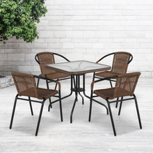 Lila 28'' Square Glass Metal Table with Dark Brown Rattan Edging and 4 Dark Brown Rattan Stack Chairs [FLF-TLH-073SQ-037BN4-GG]