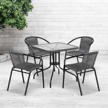 Lila 28'' Square Glass Metal Table with Gray Rattan Edging and 4 Gray Rattan Stack Chairs [FLF-TLH-073SQ-037GY4-GG]