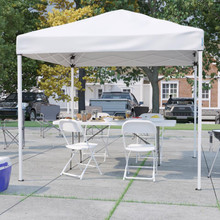 Portable Tailgate/Event Tent Set - 8'x8' White Pop Up Canopy Tent, 6-Foot Bi-Fold Table, Set of 4 White Folding Chairs [FLF-JJ-GZ88183Z-4LEL3-WHWH-GG]
