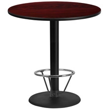 42'' Round Mahogany Laminate Table Top with 24'' Round Bar Height Table Base and Foot Ring [FLF-XU-RD-42-MAHTB-TR24B-4CFR-GG]