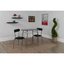 Sutton 3 Piece Space-Saver Bistro Set with Black Glass Top Table and Black Vinyl Padded Chairs [FLF-XM-JM-A0278-1-2-BK-GG]