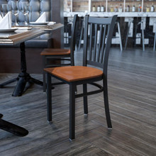 HERCULES Series Black Vertical Back Metal Restaurant Chair - Cherry Wood Seat [FLF-XU-DG-6Q2B-VRT-CHYW-GG]