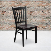 HERCULES Series Black Vertical Back Metal Restaurant Chair - Mahogany Wood Seat [FLF-XU-DG-6Q2B-VRT-MAHW-GG]