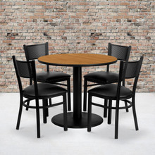 36'' Round Natural Laminate Table Set with 4 Grid Back Metal Chairs - Black Vinyl Seat [FLF-MD-0006-GG]
