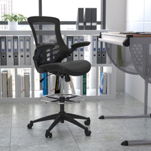 Mid-Back Black Mesh Ergonomic Drafting Chair with LeatherSoft Seat, Adjustable Foot Ring and Flip-Up Arms [FLF-BL-X-5M-D-BK-LEA-GG]