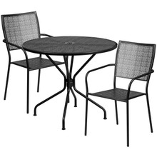 Oia Commercial Grade 35.25" Round Black Indoor-Outdoor Steel Patio Table Set with 2 Square Back Chairs [FLF-CO-35RD-02CHR2-BK-GG]