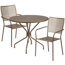 Oia Commercial Grade 35.25" Round Gold Indoor-Outdoor Steel Patio Table Set with 2 Square Back Chairs [FLF-CO-35RD-02CHR2-GD-GG]