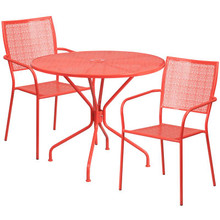 Oia Commercial Grade 35.25" Round Coral Indoor-Outdoor Steel Patio Table Set with 2 Square Back Chairs [FLF-CO-35RD-02CHR2-RED-GG]