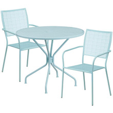 Oia Commercial Grade 35.25" Round Sky Blue Indoor-Outdoor Steel Patio Table Set with 2 Square Back Chairs [FLF-CO-35RD-02CHR2-SKY-GG]