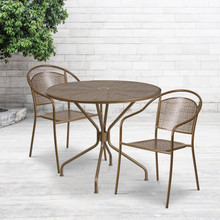 Oia Commercial Grade 35.25" Round Gold Indoor-Outdoor Steel Patio Table Set with 2 Round Back Chairs [FLF-CO-35RD-03CHR2-GD-GG]