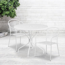Oia Commercial Grade 35.25" Round White Indoor-Outdoor Steel Patio Table Set with 2 Round Back Chairs [FLF-CO-35RD-03CHR2-WH-GG]