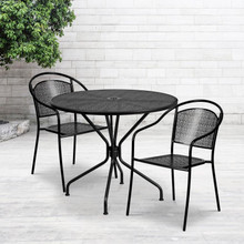 Oia Commercial Grade 35.25" Round Black Indoor-Outdoor Steel Patio Table Set with 2 Round Back Chairs [FLF-CO-35RD-03CHR2-BK-GG]