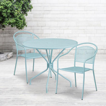 Oia Commercial Grade 35.25" Round Sky Blue Indoor-Outdoor Steel Patio Table Set with 2 Round Back Chairs [FLF-CO-35RD-03CHR2-SKY-GG]
