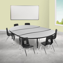 Emmy 86" Oval Wave Flexible Laminate Activity Table Set with 12" Student Stack Chairs, Grey/Black [FLF-XU-GRP-12CH-A3060CON-60-GY-T-P-GG]