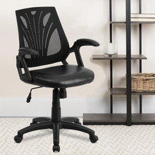 Mid-Back Designer Black Mesh Swivel Task Office Chair with LeatherSoft Seat and Open Arms [FLF-GO-WY-82-LEA-GG]