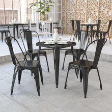 Commercial Grade 23.75" Square Black Metal Indoor-Outdoor Table Set with 2 Stack Chairs [FLF-CH-31330-2-30-BK-GG]